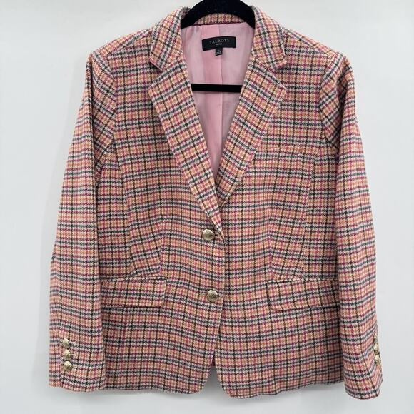 Talbots Wool Blend Plaid Blazer Sz 14P Pink Multi Lined Gold Buttons Office - Picture 1 of 14